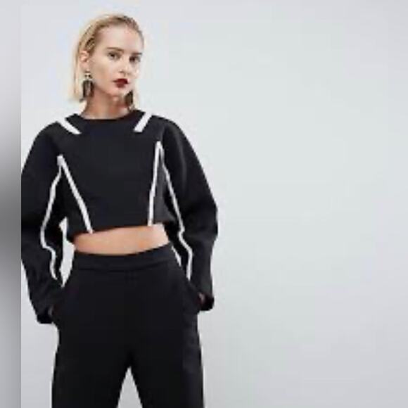 ASOS Black Scuba Crop Top With White Fringe Detail Zip Keyhole Back Size 12 - Picture 4 of 11